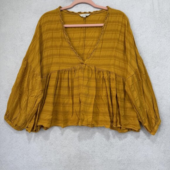 Lucky Brand Blouse Womens XL Mustard Yellow Boho Peasant V-Neck Babydoll Tunic - Picture 1 of 9